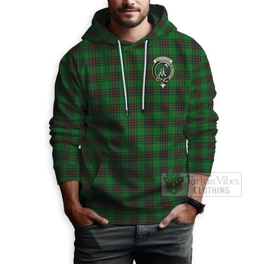Anstruther Tartan Hoodie with Family Crest and Bearded Skull Holding Bottles of Whiskey