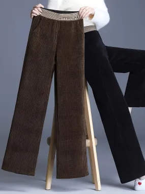 Fleece-Lined Corduroy Wide-Leg Pants - High Waist, Casual Straight Cut, Plus Size