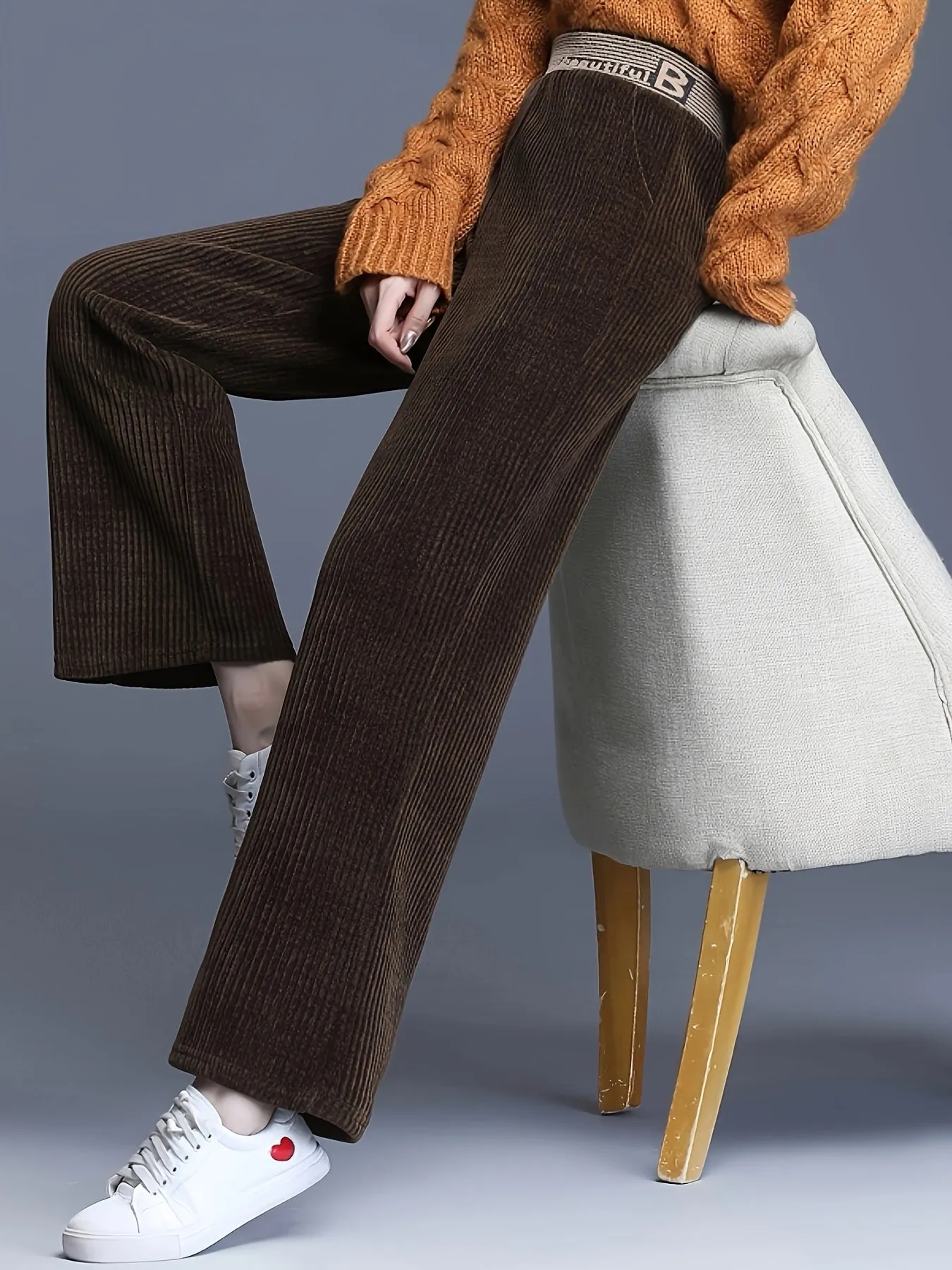 Fleece-Lined Corduroy Wide-Leg Pants - High Waist, Casual Straight Cut, Plus Size
