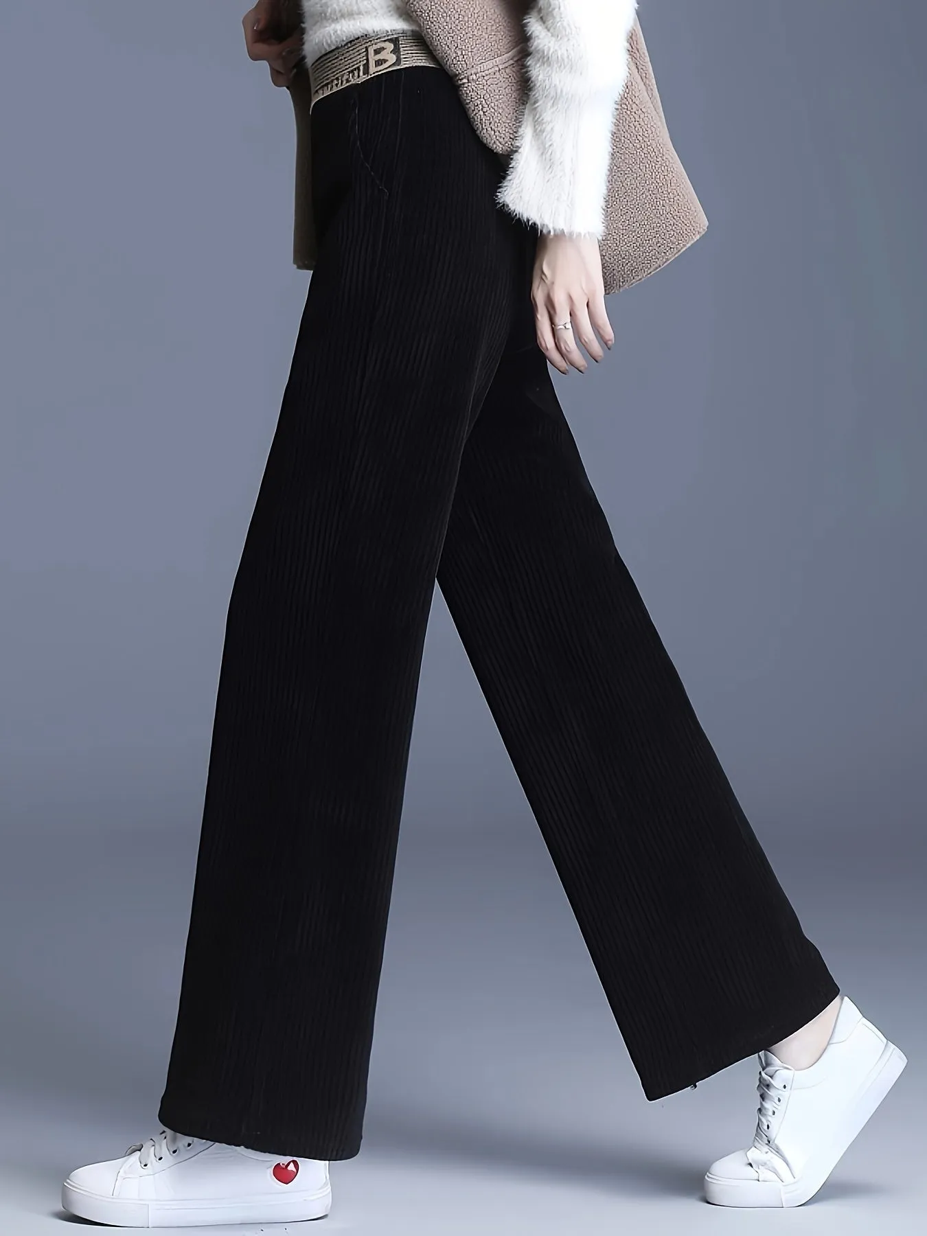 Fleece-Lined Corduroy Wide-Leg Pants - High Waist, Casual Straight Cut, Plus Size