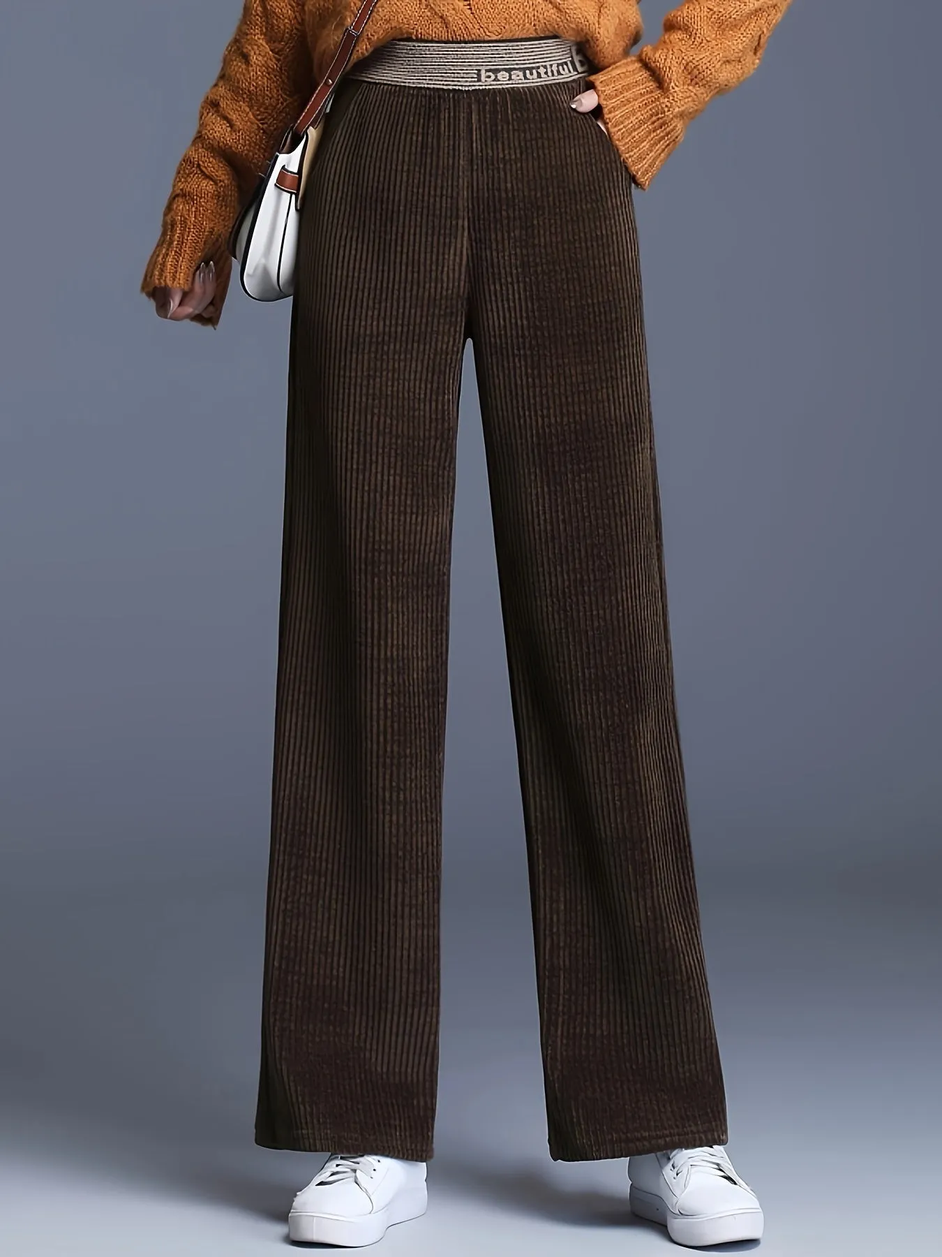 Fleece-Lined Corduroy Wide-Leg Pants - High Waist, Casual Straight Cut, Plus Size