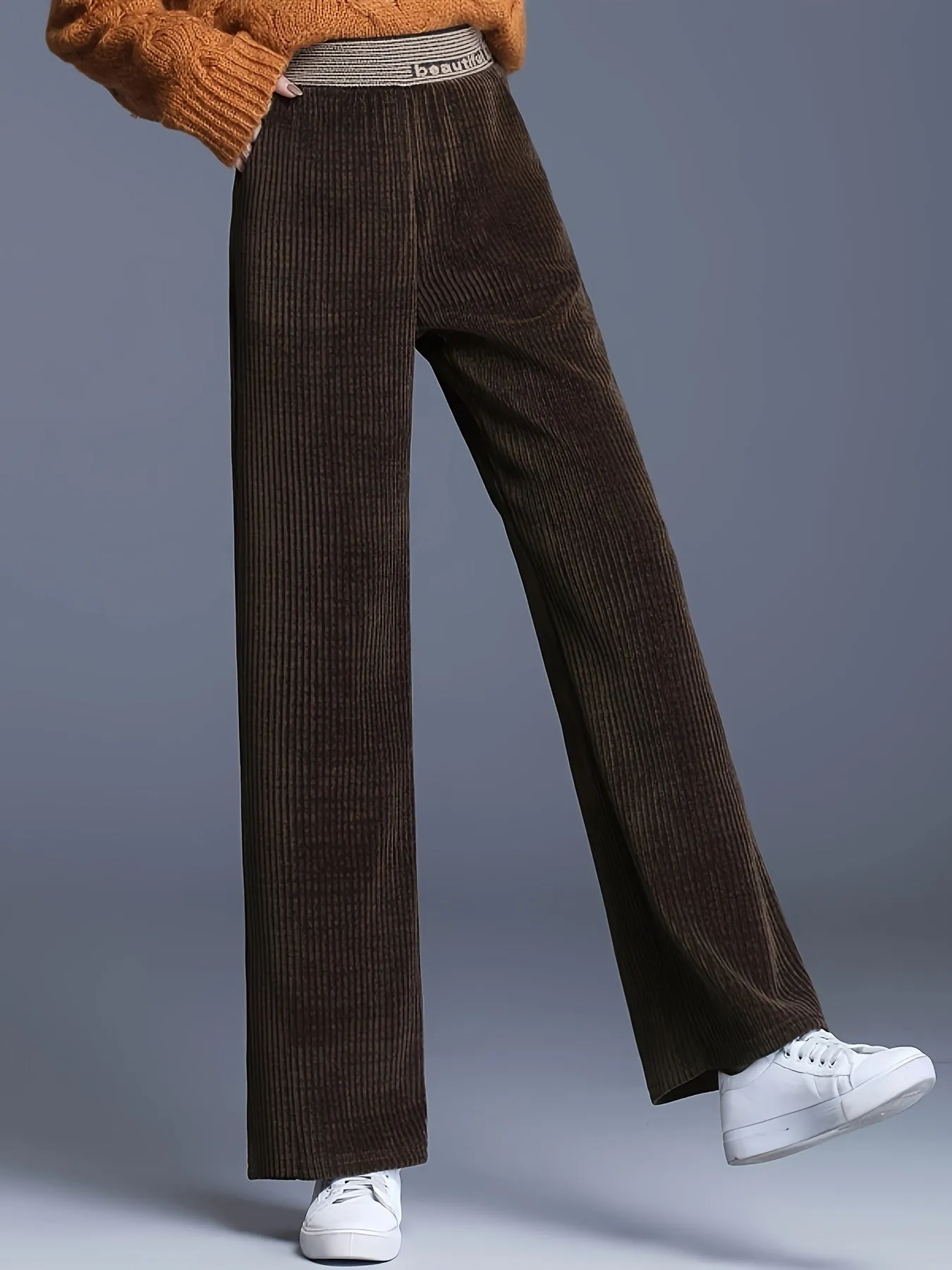 Fleece-Lined Corduroy Wide-Leg Pants - High Waist, Casual Straight Cut, Plus Size