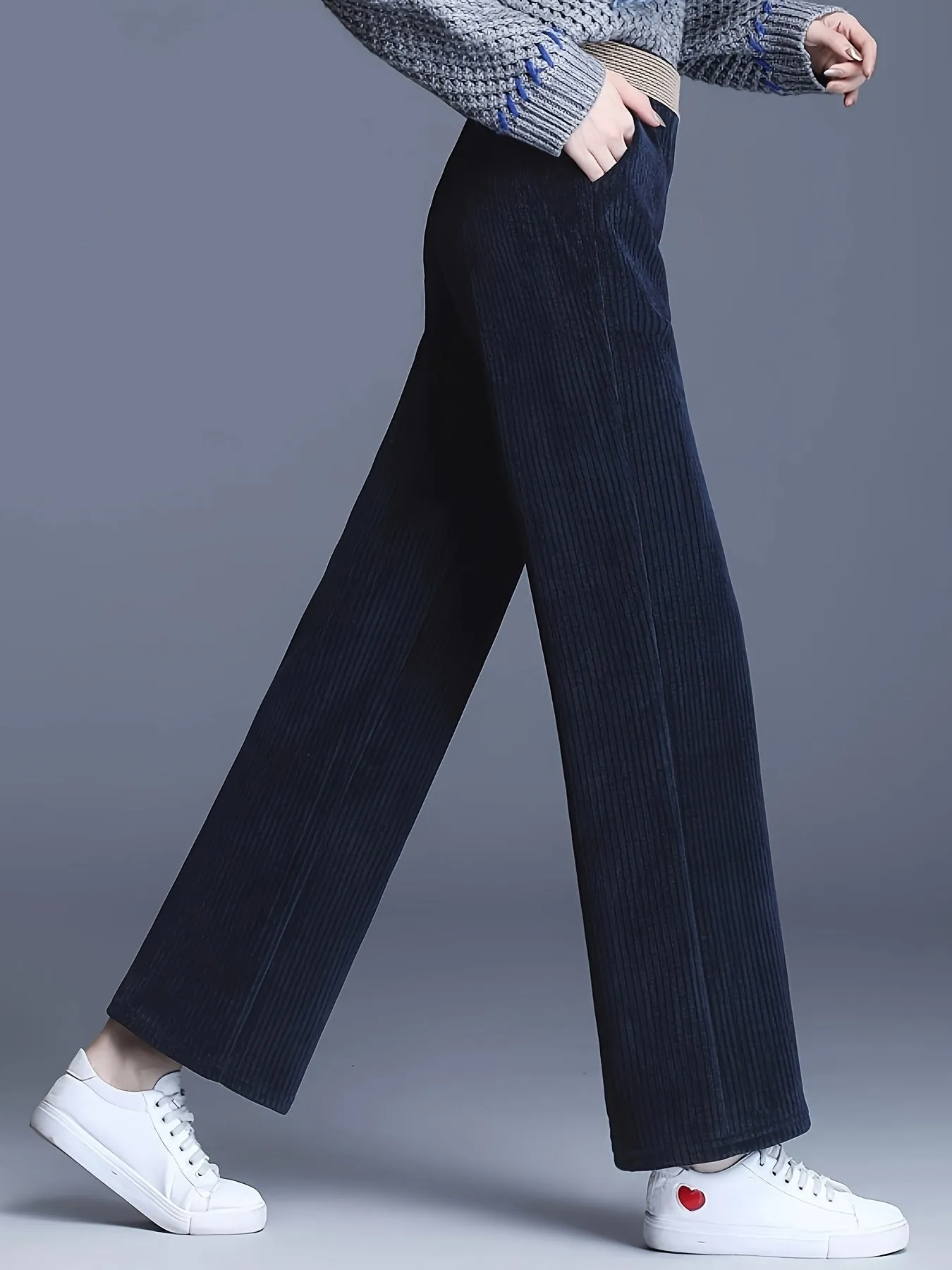 Fleece-Lined Corduroy Wide-Leg Pants - High Waist, Casual Straight Cut, Plus Size