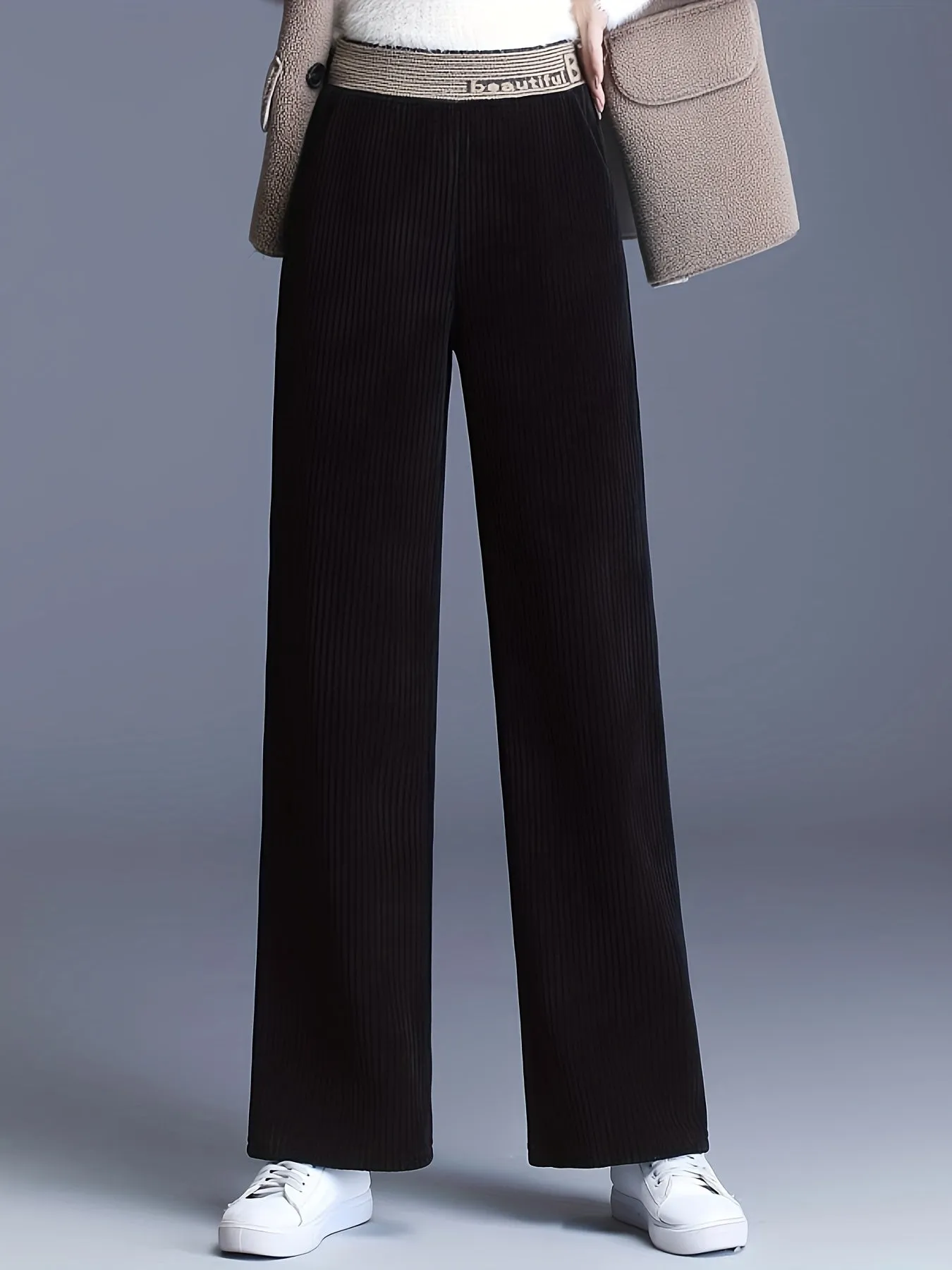 Fleece-Lined Corduroy Wide-Leg Pants - High Waist, Casual Straight Cut, Plus Size