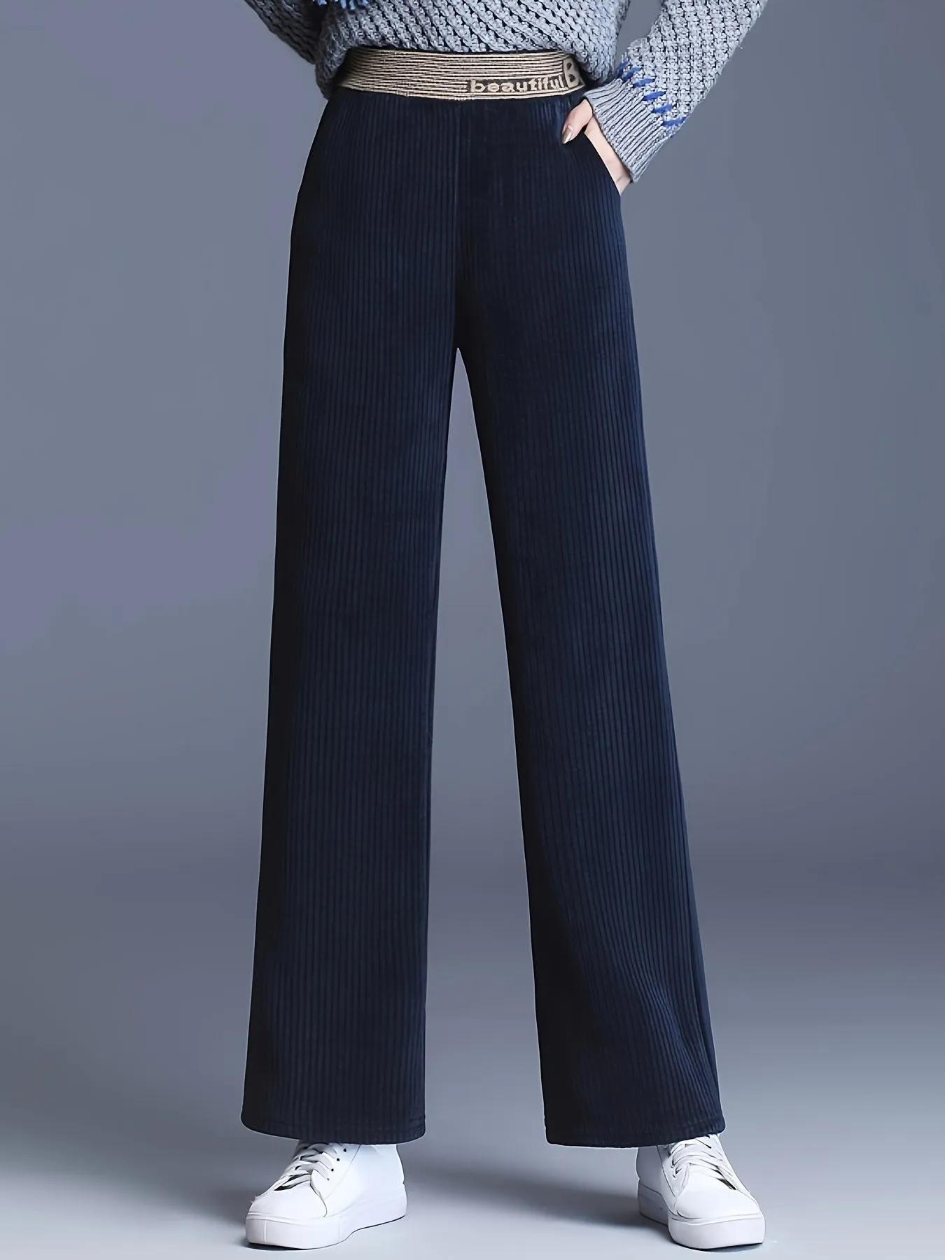 Fleece-Lined Corduroy Wide-Leg Pants - High Waist, Casual Straight Cut, Plus Size