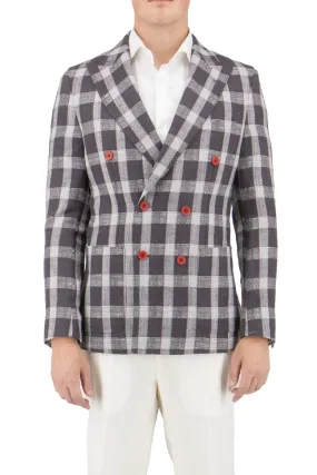 Gray with White and Red Windowpane Santorini /THP Slim Fit Half Lined, Pure Wool Jacket by Tiglio Luxe