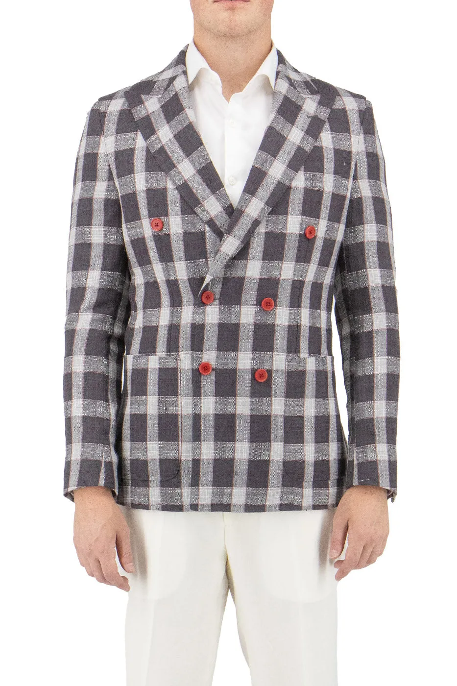 Gray with White and Red Windowpane Santorini /THP Slim Fit Half Lined, Pure Wool Jacket by Tiglio Luxe