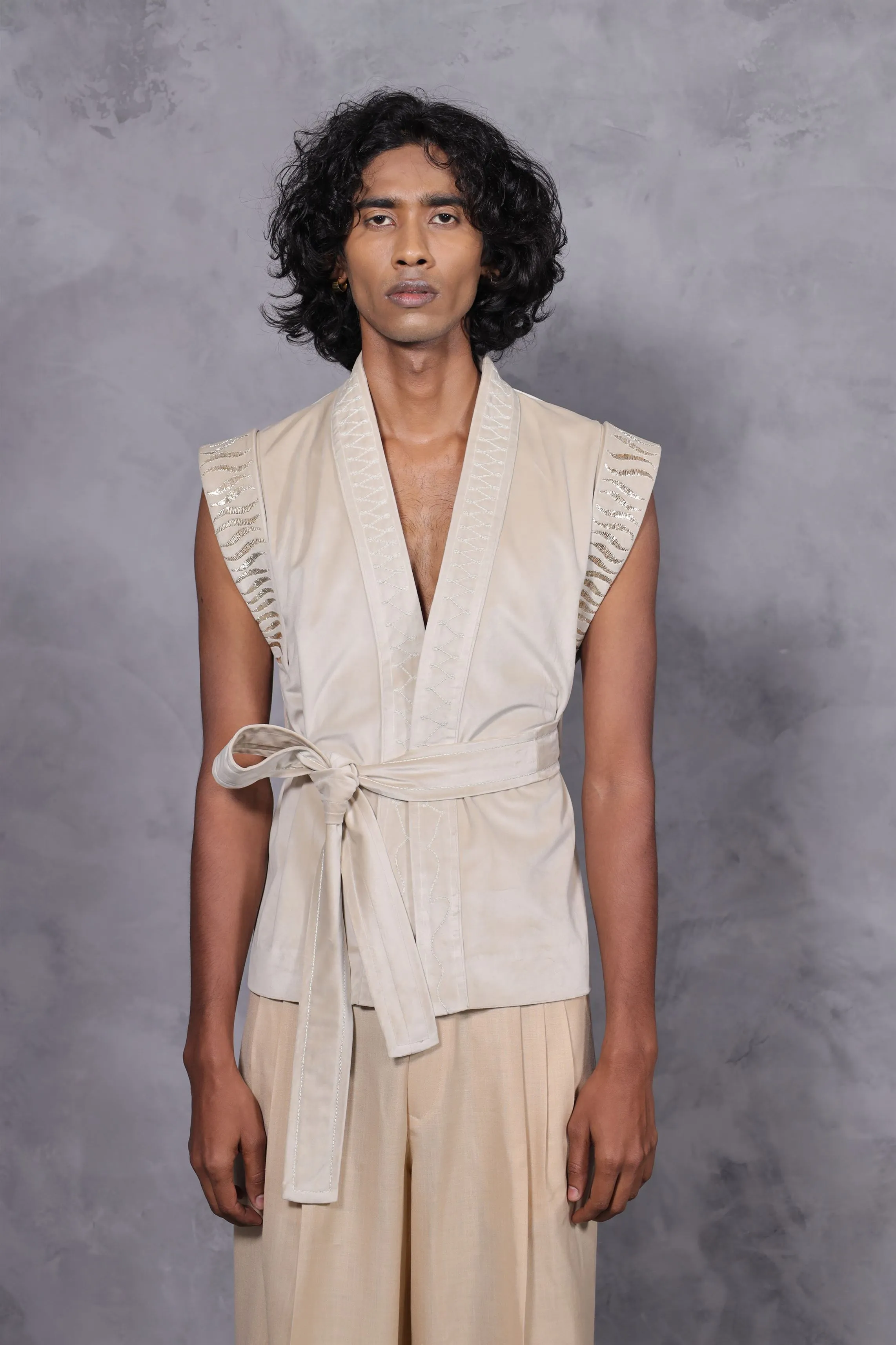 New Season Summer to Fall 2024--Jacket Suede Tie Up (Unisex) Cotton Off White-CH2/03-Senso-Fashion Edit Hemji