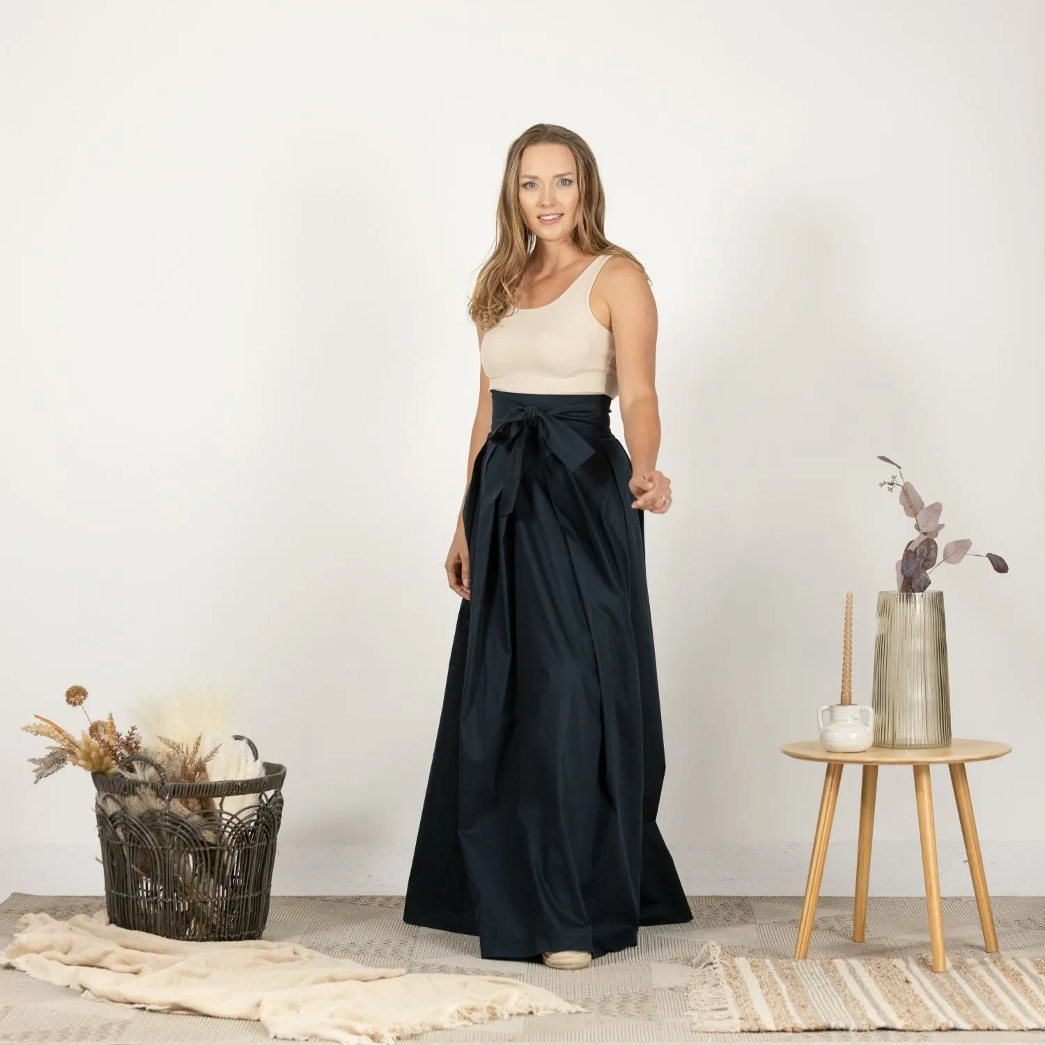 Slate Blue High Waist Pleated Maxi Skirt