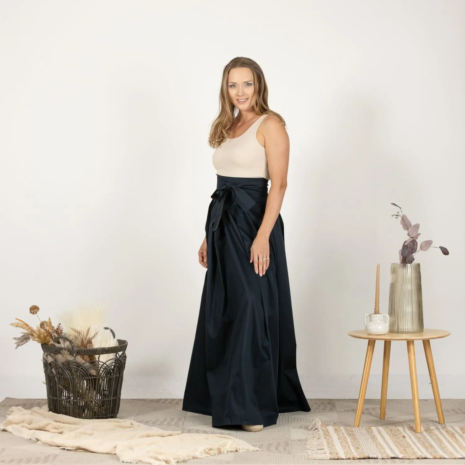 Slate Blue High Waist Pleated Maxi Skirt