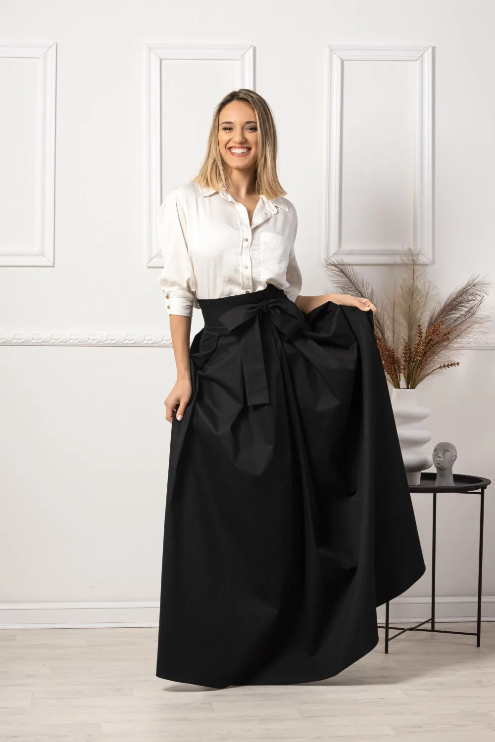 Slate Blue High Waist Pleated Maxi Skirt