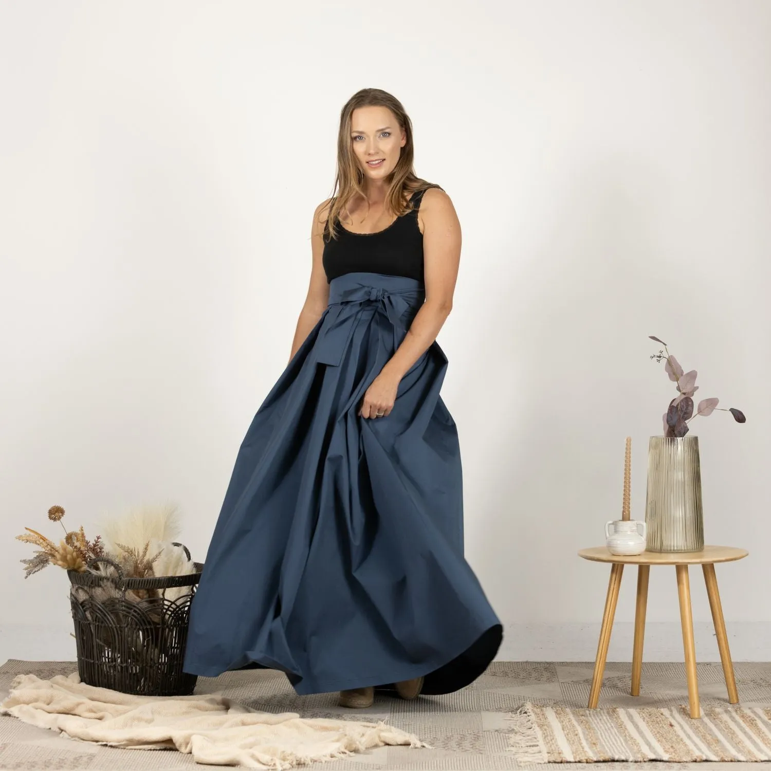 Slate Blue High Waist Pleated Maxi Skirt
