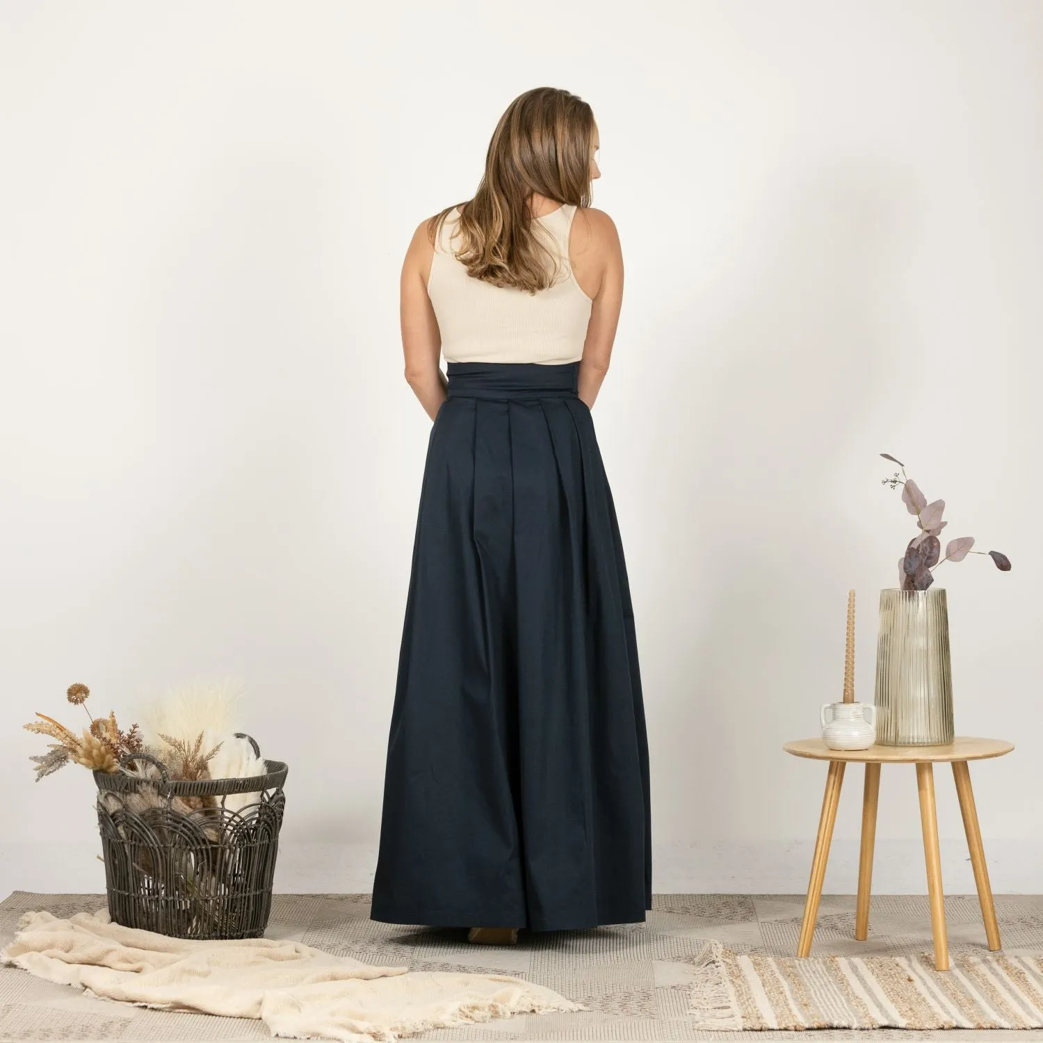 Slate Blue High Waist Pleated Maxi Skirt