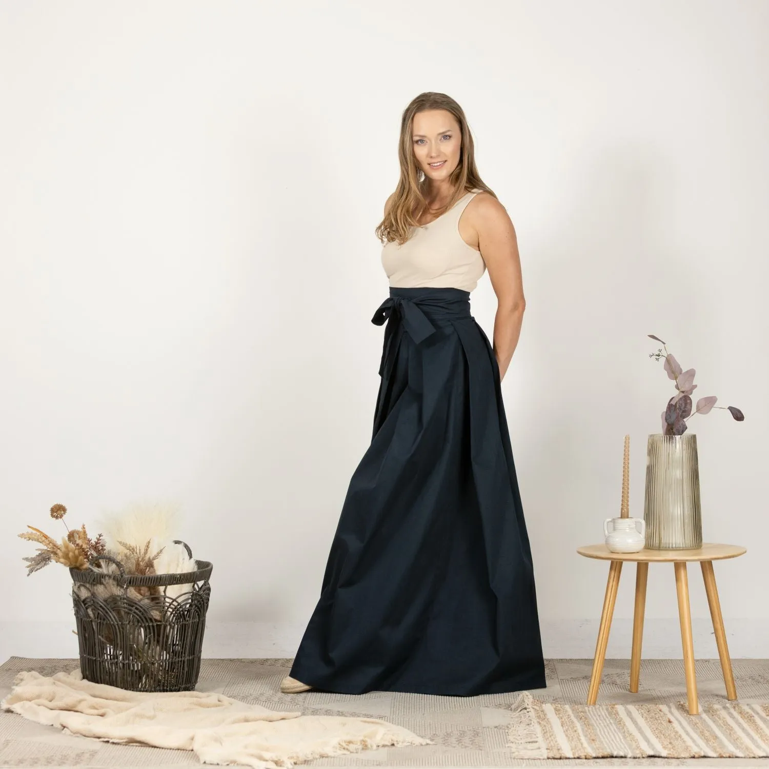 Slate Blue High Waist Pleated Maxi Skirt