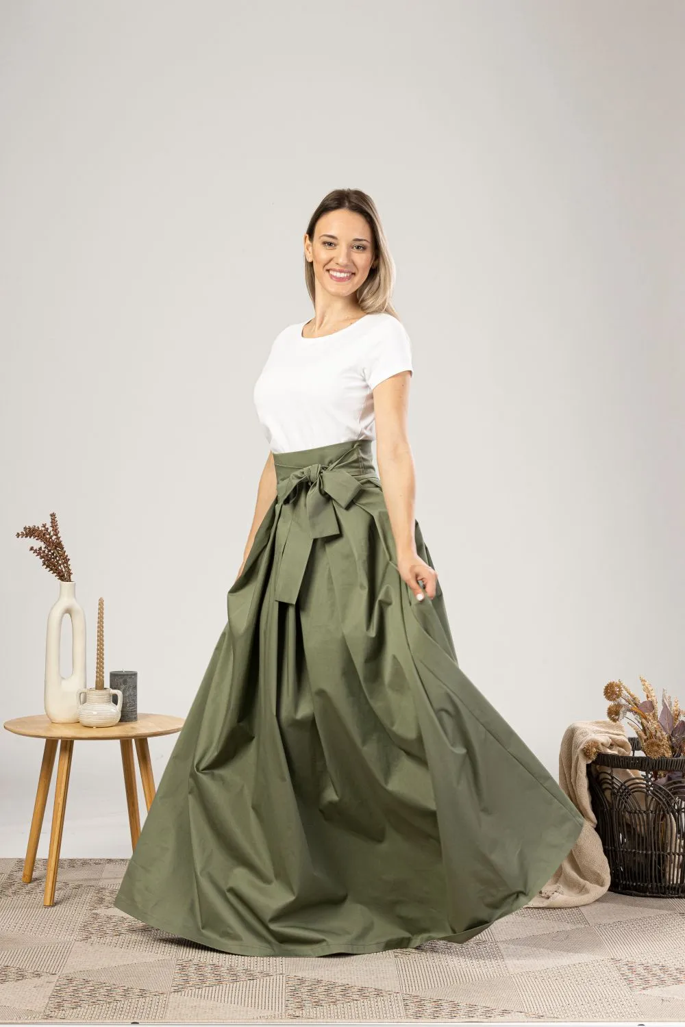 Slate Blue High Waist Pleated Maxi Skirt