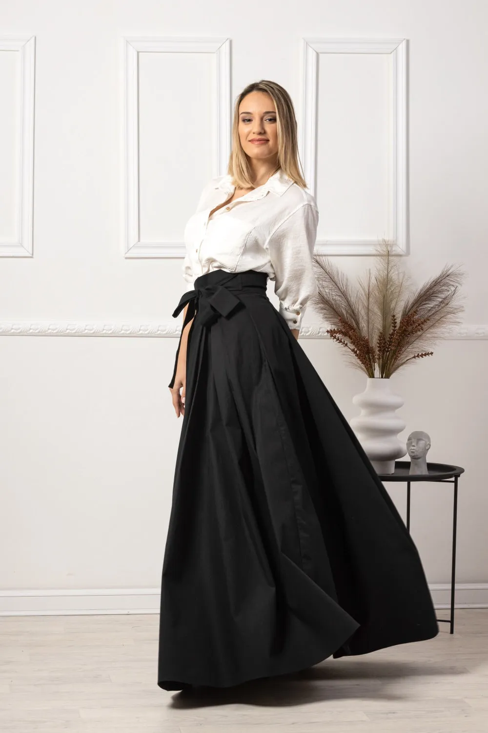Slate Blue High Waist Pleated Maxi Skirt