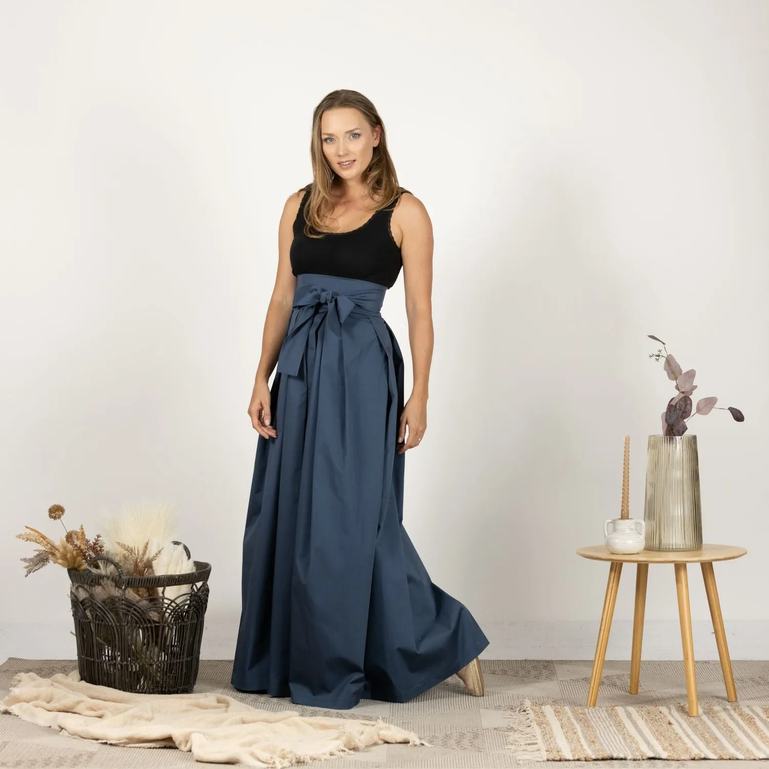 Slate Blue High Waist Pleated Maxi Skirt