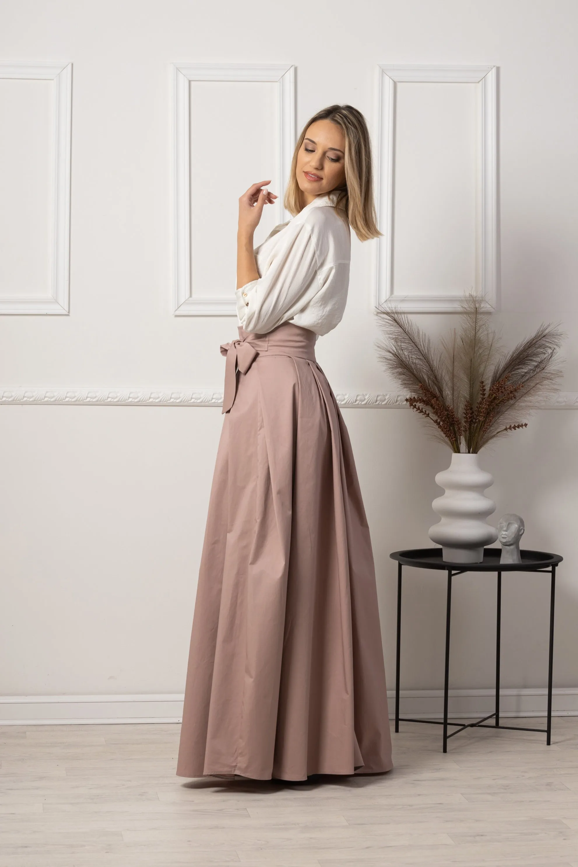 Slate Blue High Waist Pleated Maxi Skirt