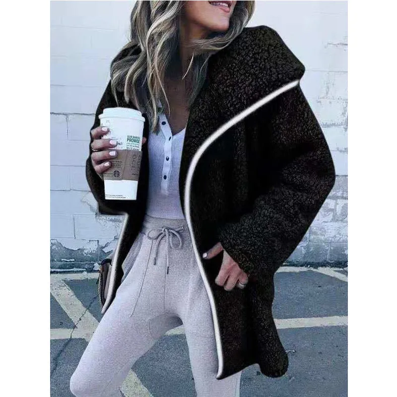 Solid Color Zipper Women Loose Teddy Long Coat