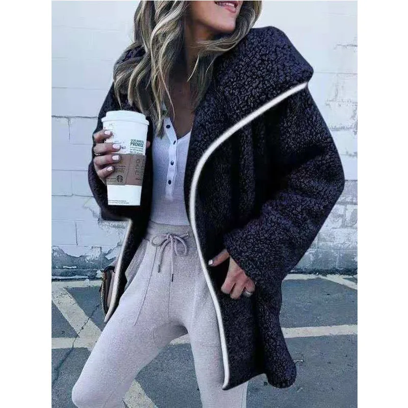 Solid Color Zipper Women Loose Teddy Long Coat