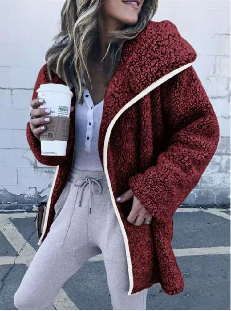 Solid Color Zipper Women Loose Teddy Long Coat