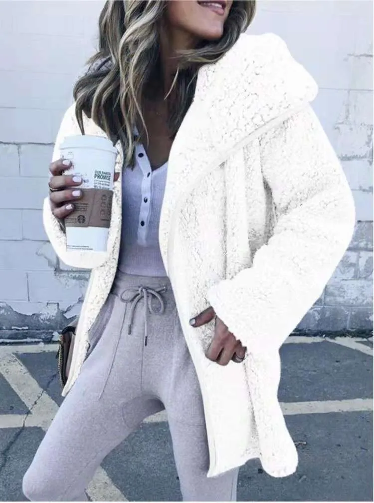 Solid Color Zipper Women Loose Teddy Long Coat