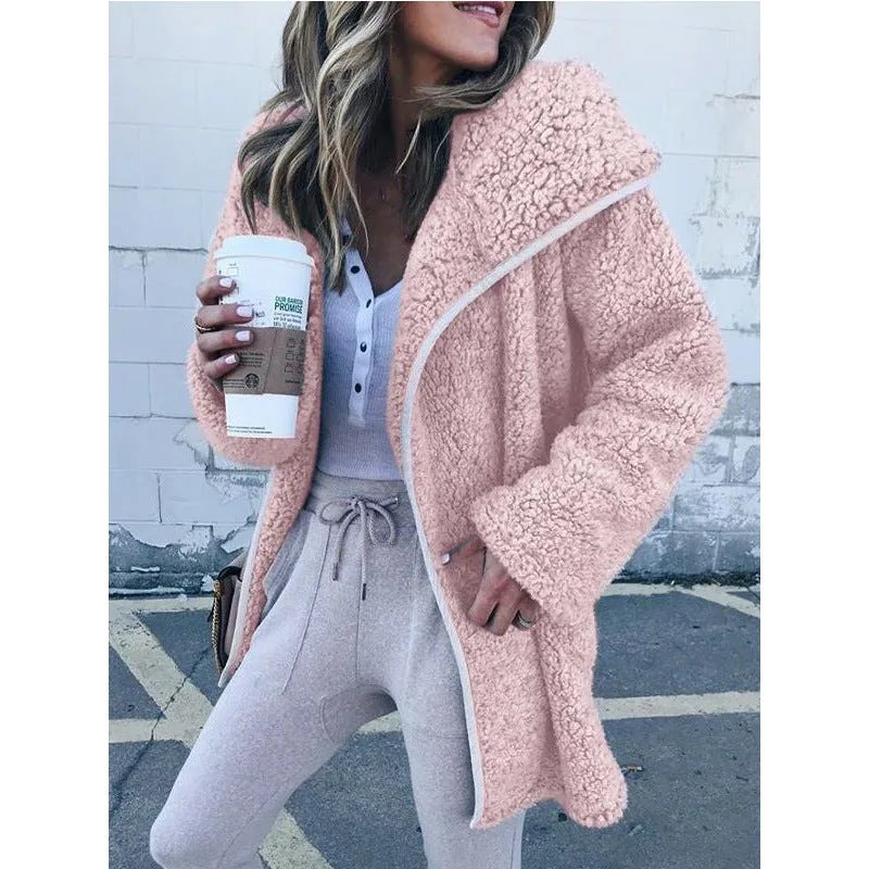 Solid Color Zipper Women Loose Teddy Long Coat