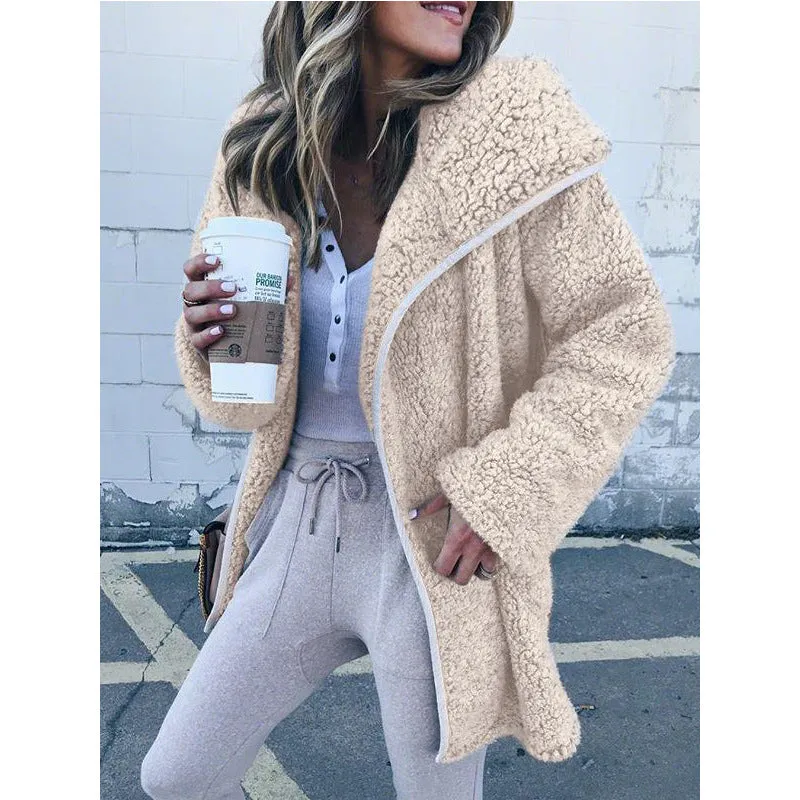 Solid Color Zipper Women Loose Teddy Long Coat