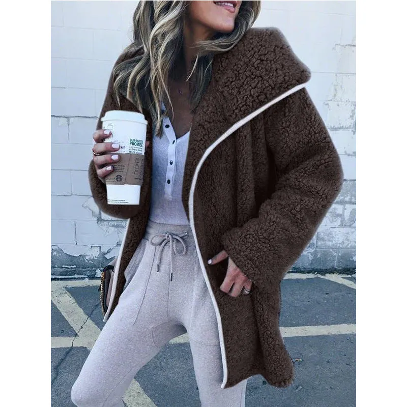 Solid Color Zipper Women Loose Teddy Long Coat